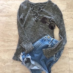 GRAY SMALL SEXY TIGHT TIE TOP SHIRT